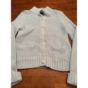 Talbots Button Up  Cardigan Sweater Petite Sz Medium Cotton Blend Light Blue